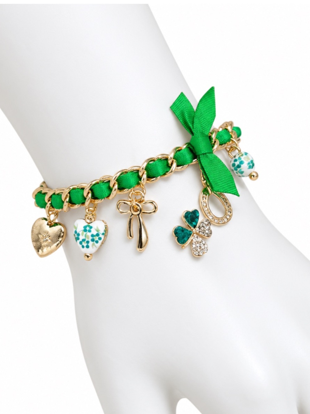 Shiny Luxe Heart of the Emerald Isle Ribboned Chain Charm Bracelet (NWT)